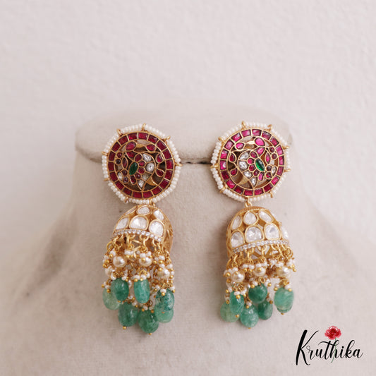 Traditional Peacock Motifs Jhumka Jadau Earrings With Pearl And Bead Drops E848
