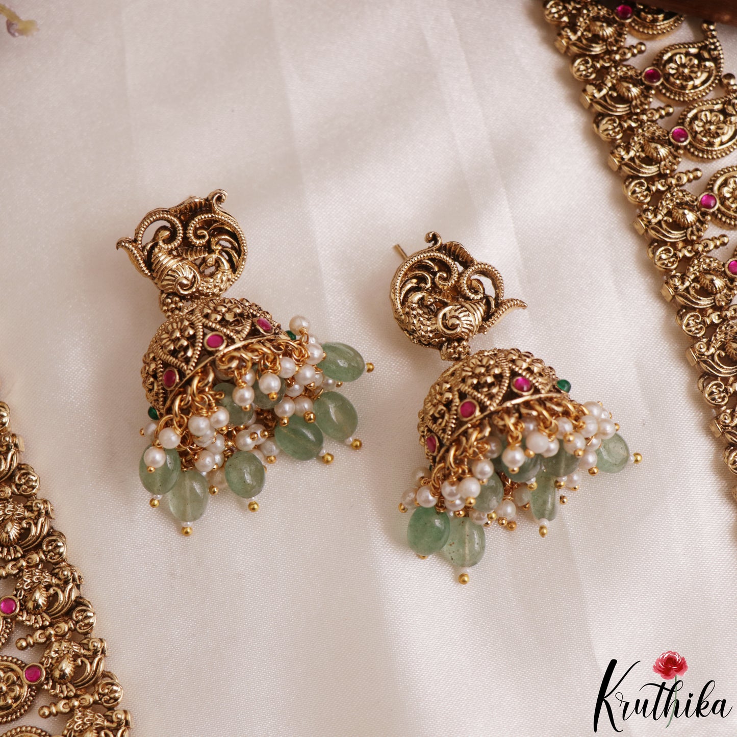 Traditional Antique Mango Peacock Motifs Jadau Haaram With Green Bead Drops LH2167