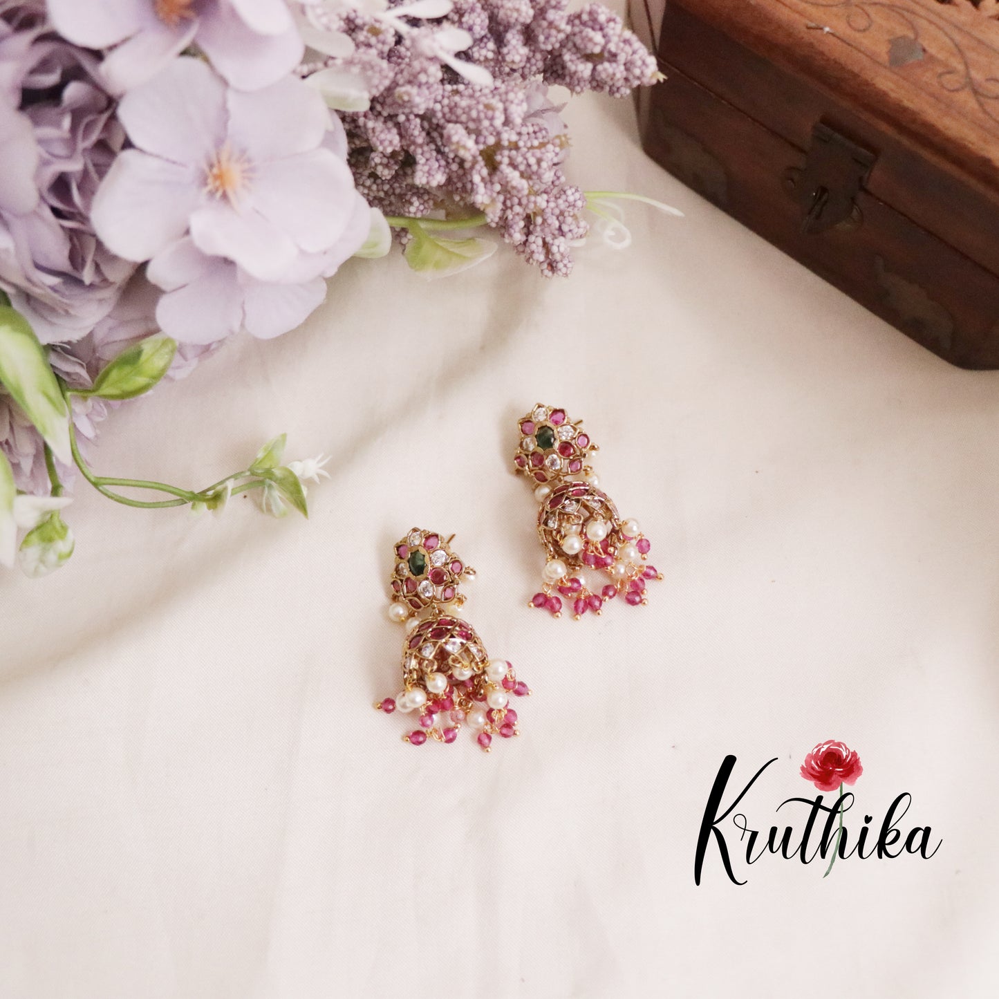 Simple Antique Finish Kemp Floral Jhumkas with Beads Drops E635 (Available in 2 Colors)