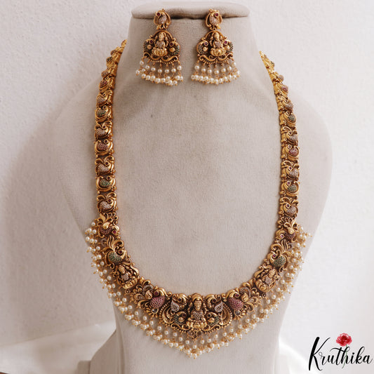 Premium Antique Lakshmi Peacock Motifs Temple Haaram With Pearl Drops LH2152
