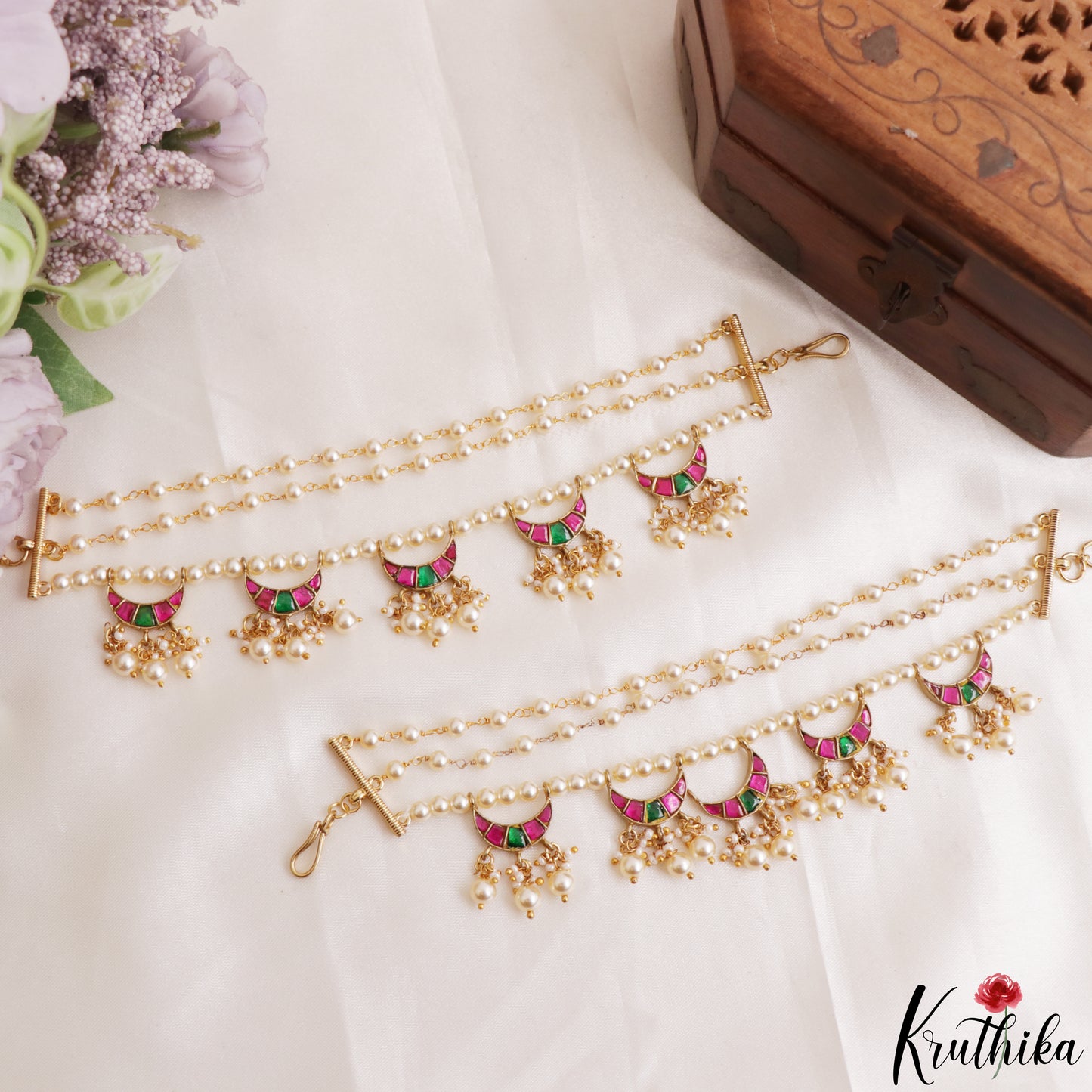 Classic Half Moon Motifs Multi Pearl Strand Jadau Earchains With Pearl Drops EC229 (Available In 2 Colors)