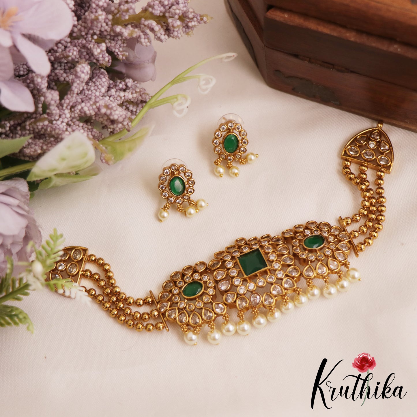Elegant Floral Motifs AD Chocker With Triple Strand Bead Chains NC2809 (Available In 2 Colors)