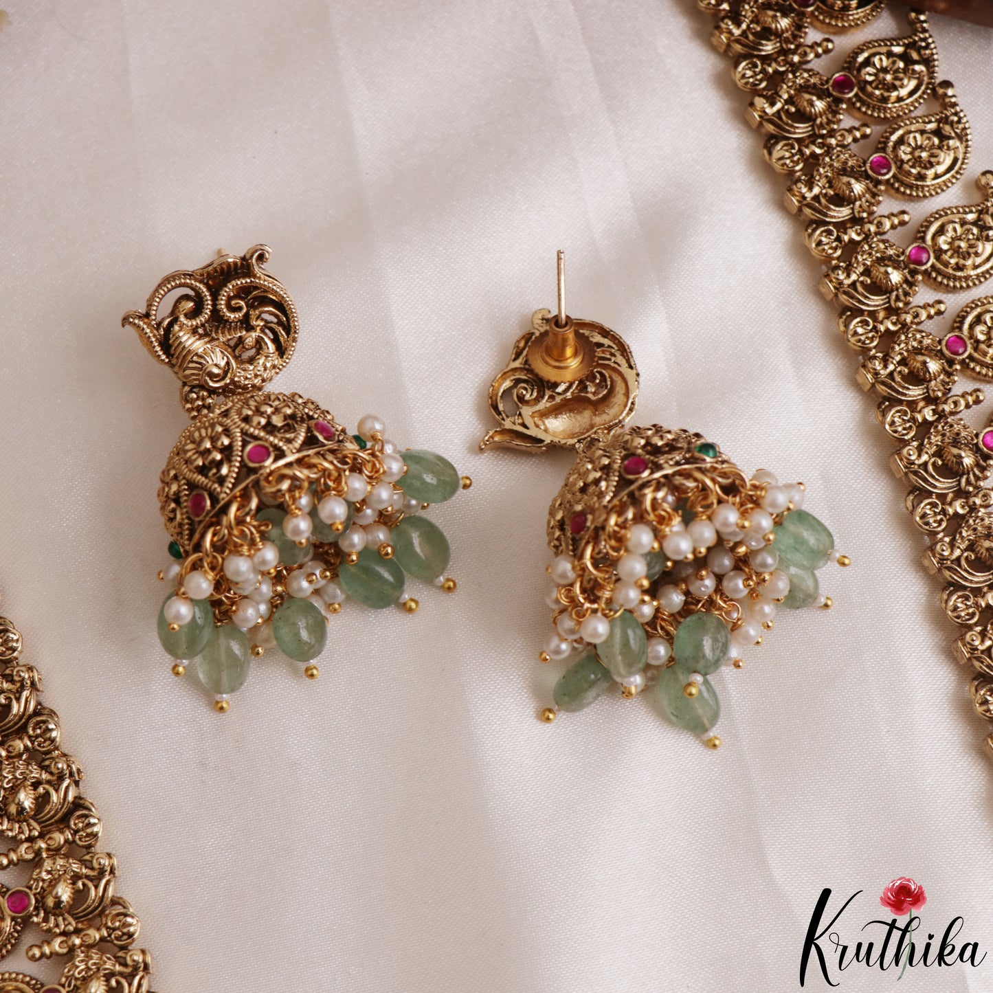 Traditional Antique Mango Peacock Motifs Jadau Haaram With Green Bead Drops LH2167