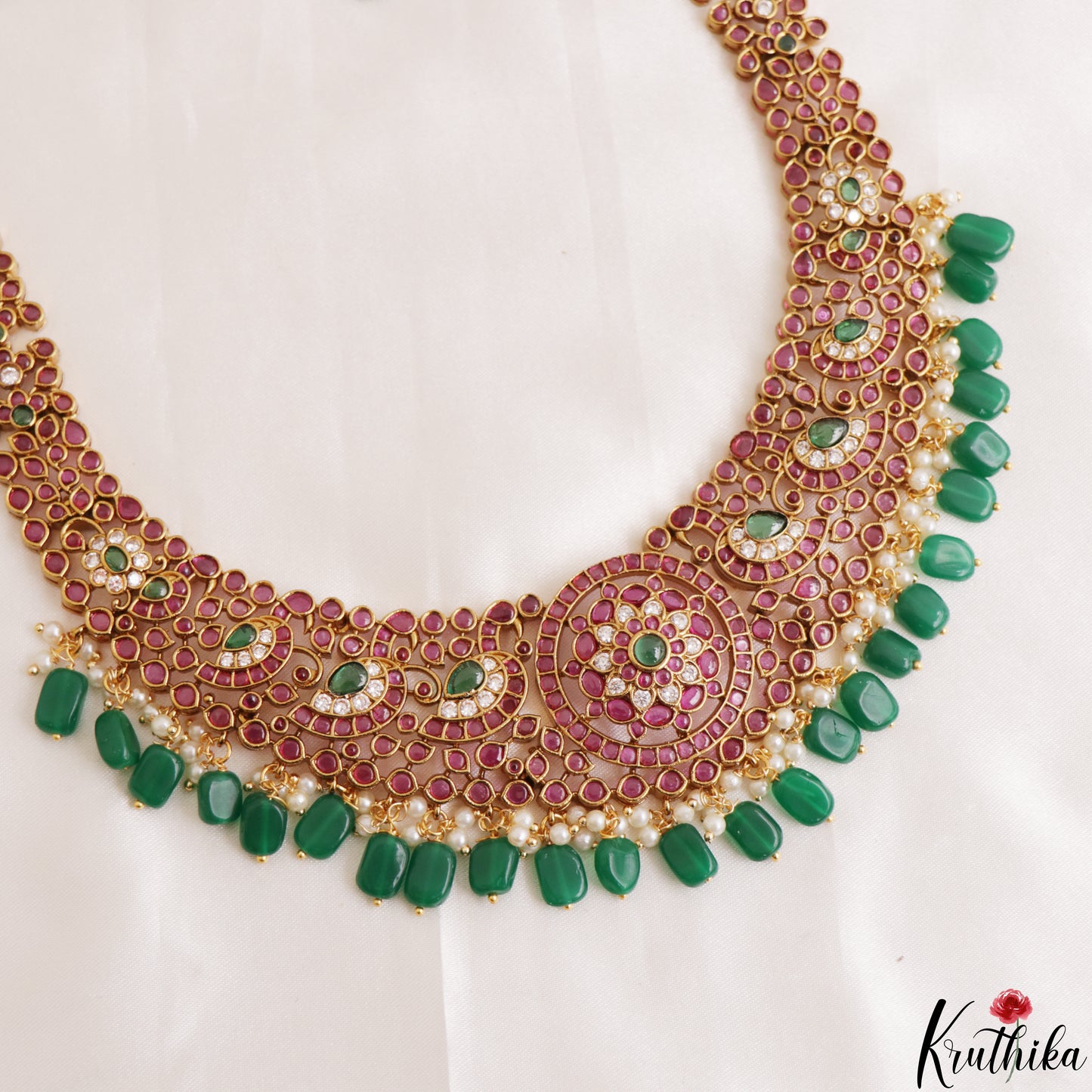 Stunning Peacock Floral Motifs Kemp Haaram With Green Bead Drops LH2189