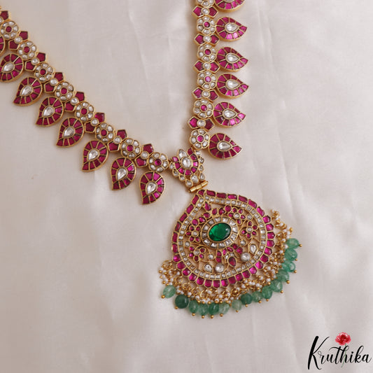 Premium Mango Floral Motifs Jadau Haaram With Green Bead Drops LH2147