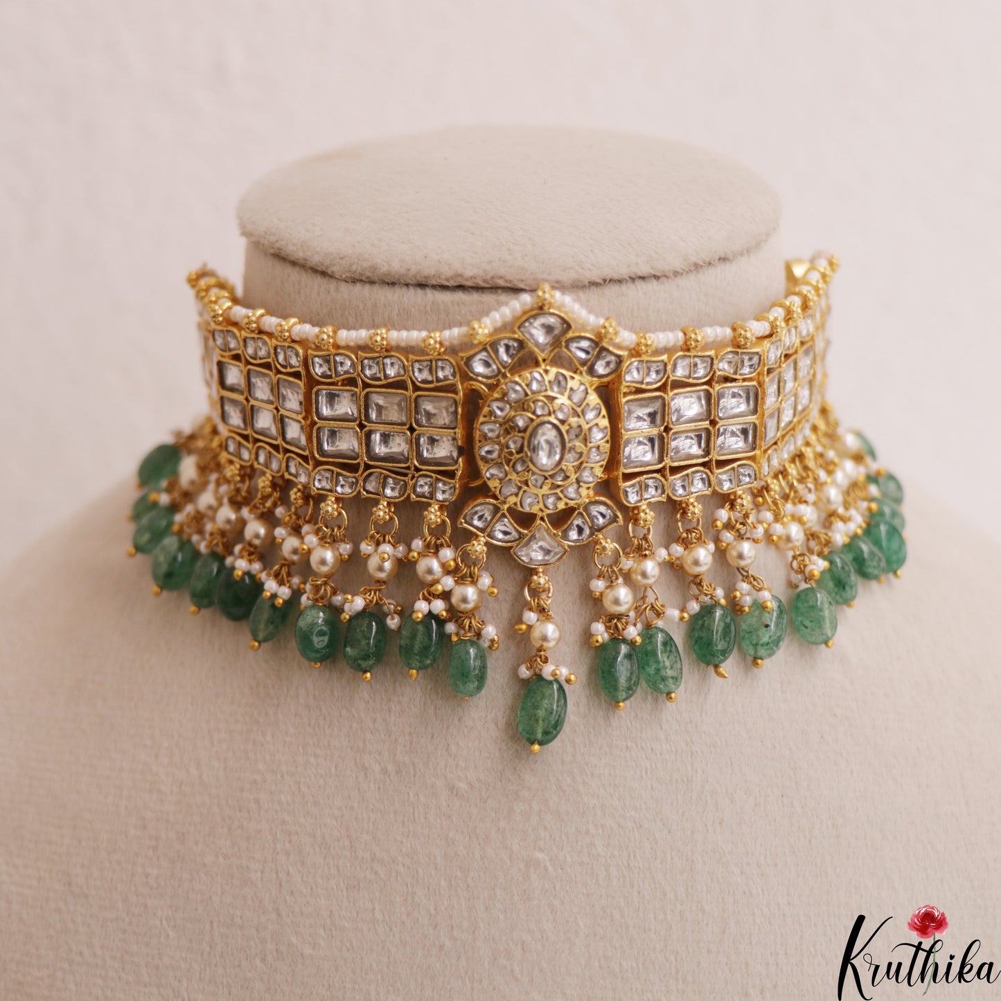 Stunning Floral Geometric Motif Jadau Choker With Pearl Bead Drops NC3009 (Available In 2 Colors)