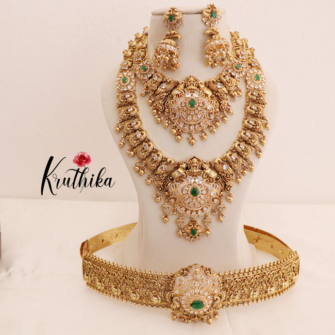 Grand Intricate Nagas Temple peacock AD stones golden bead drops Bridal set BS38