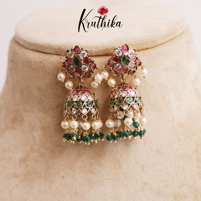 Simple Antique Finish Kemp Floral Jhumkas with Beads Drops E635 (Available in 2 Colors)