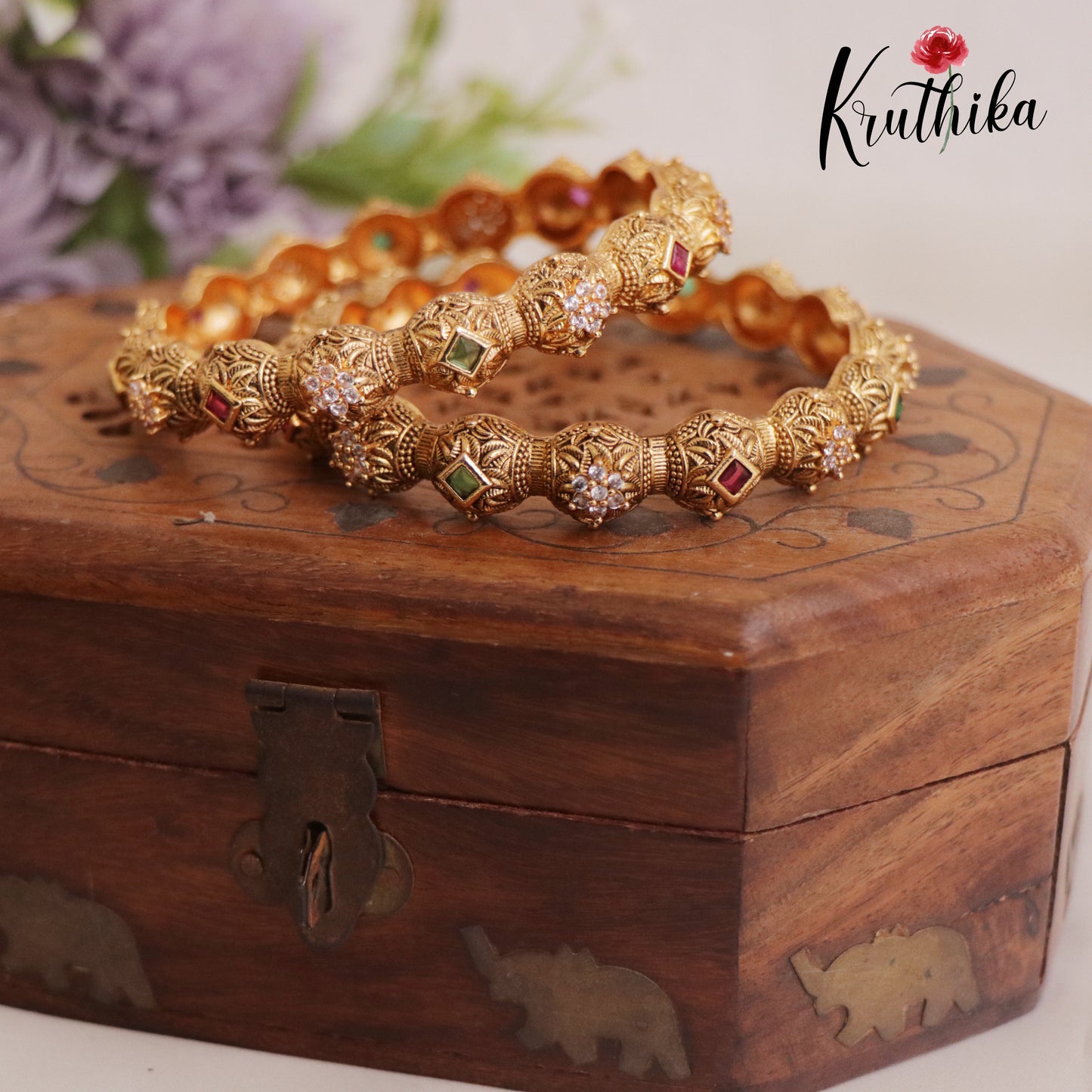 Beautiful Antique AD Floral Bangles B379 (Set Of 2)