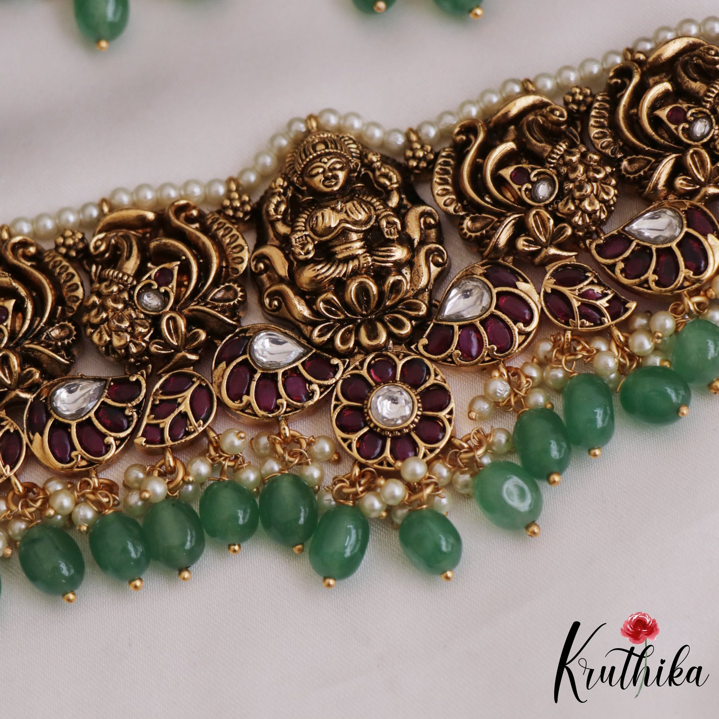 Gorgeous Antique Nagas Lakshmi Peacock Motifs Kemp Choker With Bead Drops NC2709 (Available In 2 Colors)