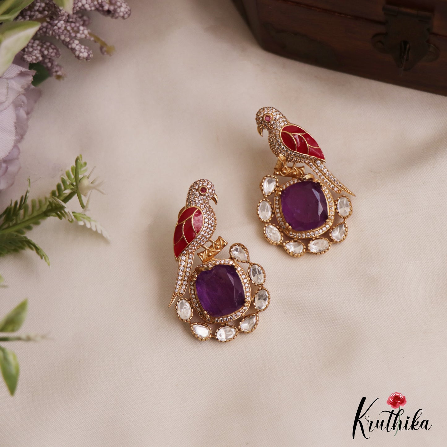 Gorgeous Parrot Motif Polki Victorian Stud Earrings E1099 (Available In 5 Colors)