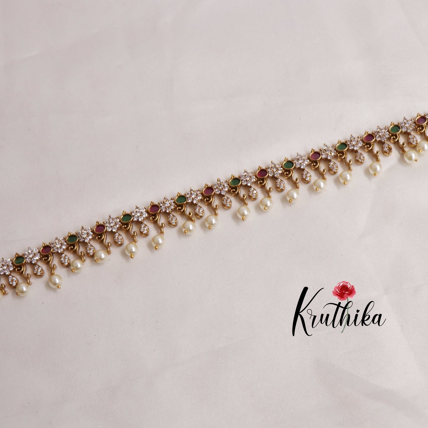 Beautiful Kemp Teardrop Floral Motifs Hip Chain With Pearl Drops V308