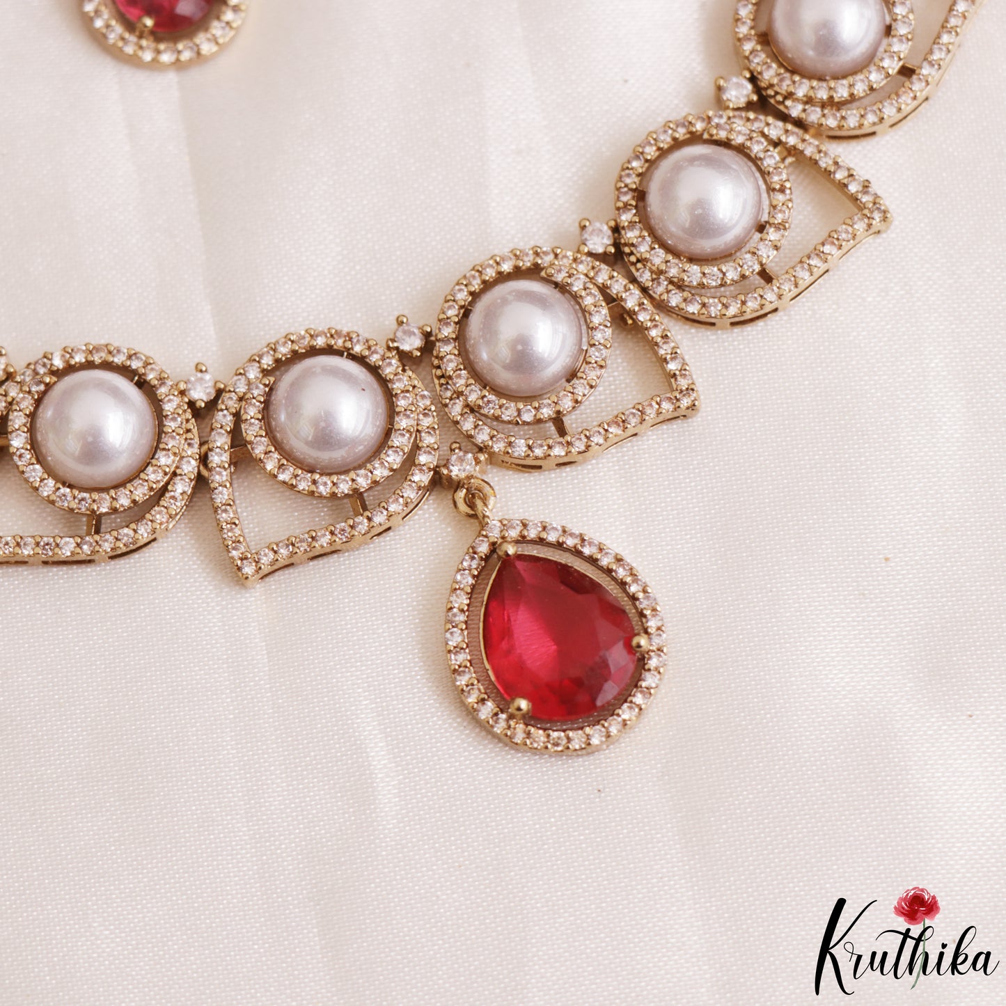 Elegant Pearl Leaf Motifs CZ Victorian Necklace NC3154 (Available In 6 Colors)