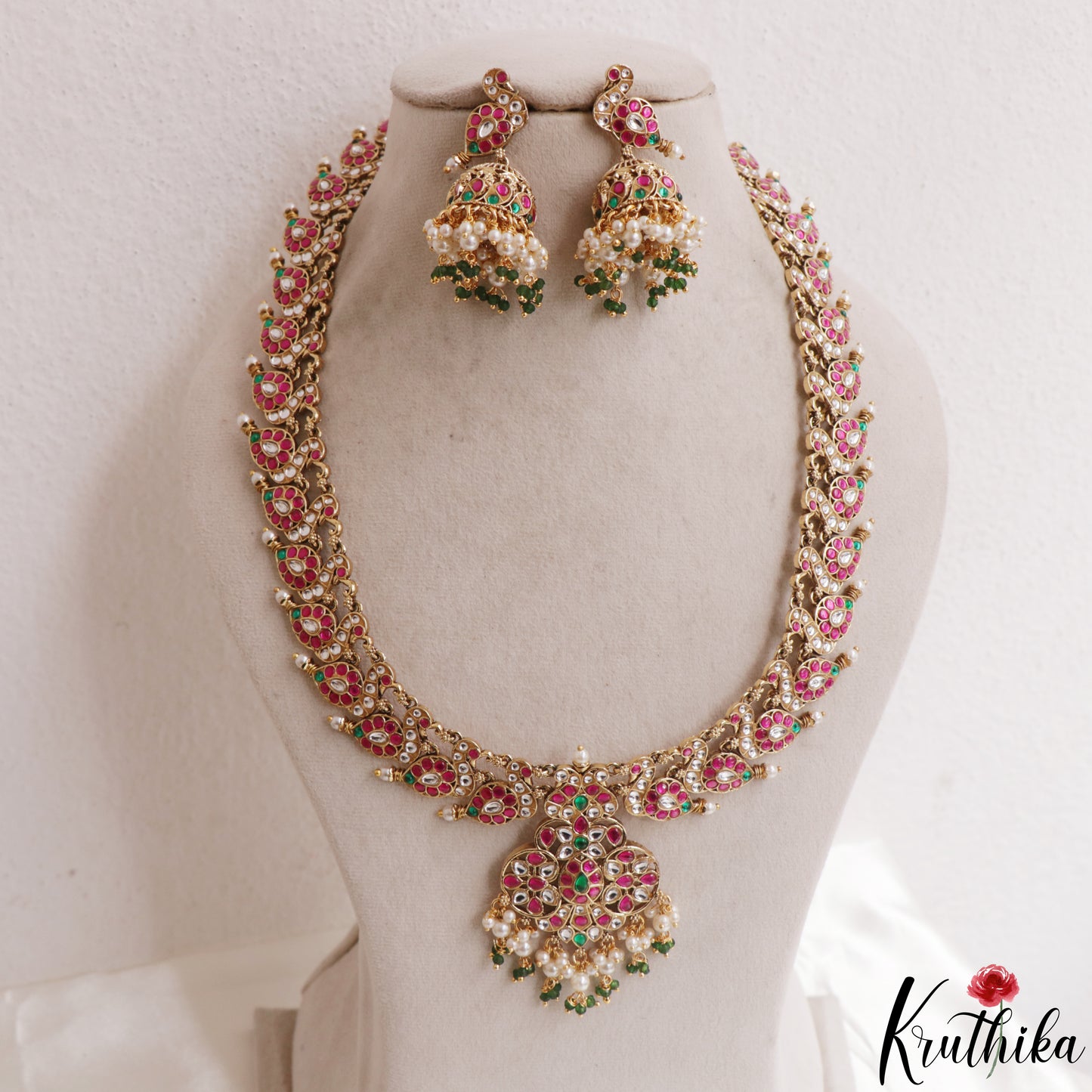 Gorgeous Floral Pecock Motifs Jadau Haaram With Pearl Bead Drops LH2168