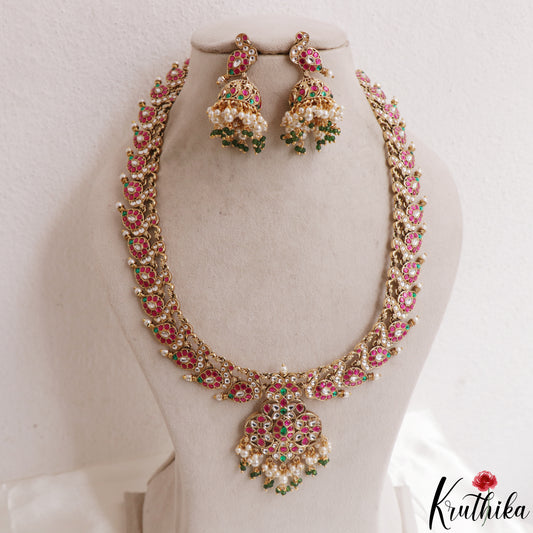 Gorgeous Floral Peacock Motifs Jadau Haaram With Pearl Bead Drops LH2168