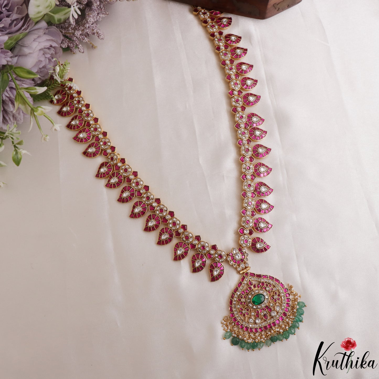Premium Mango Floral Motifs Jadau Haaram With Green Bead Drops LH2147