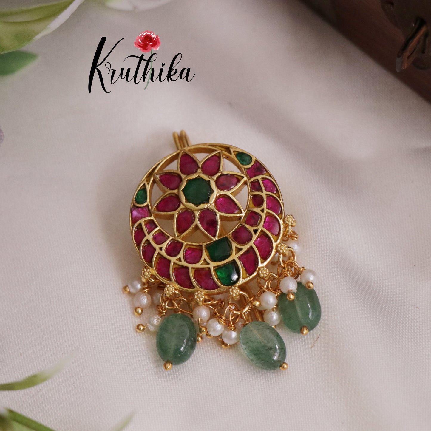 Beautiful Floral Chandbali Kundan Jadau Jada Billa  with Green Drops J237