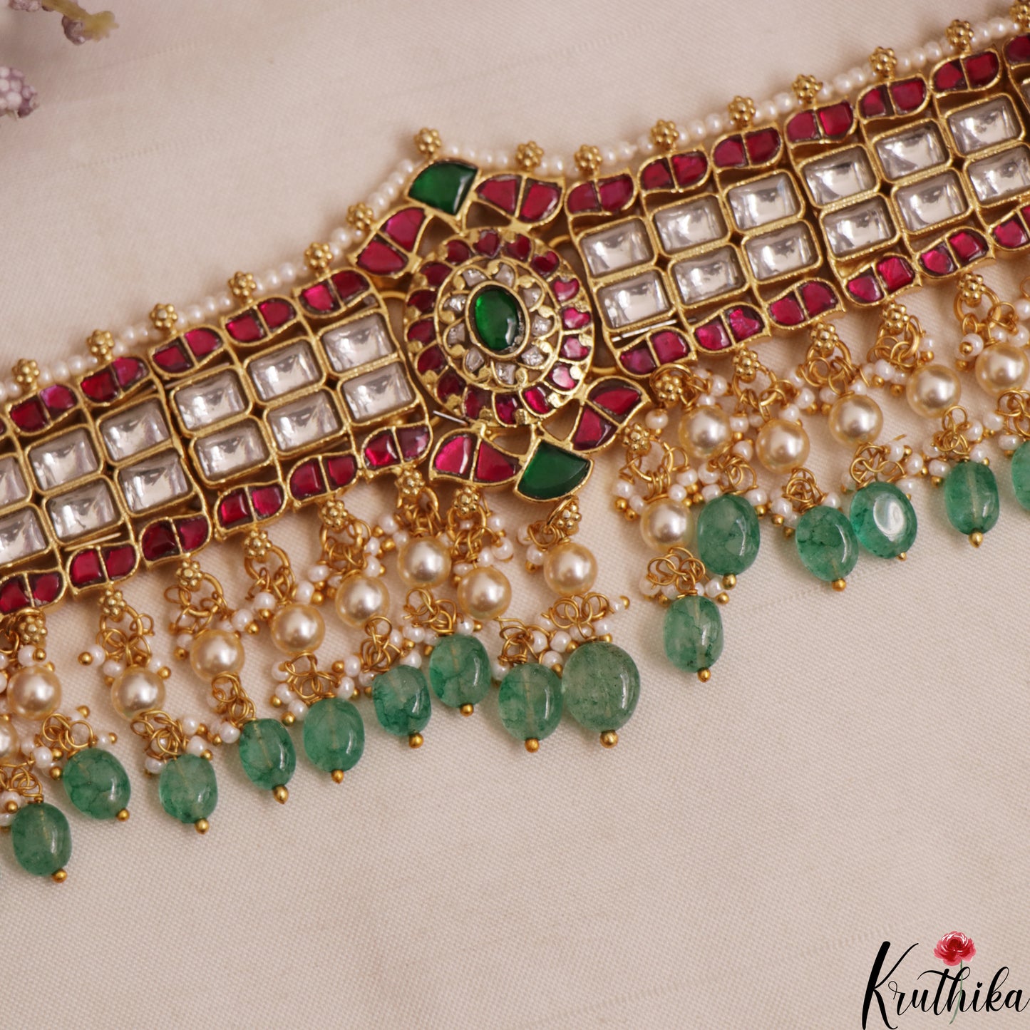 Stunning Floral Geometric Motif Jadau Choker With Pearl Bead Drops NC3009 (Available In 2 Colors)