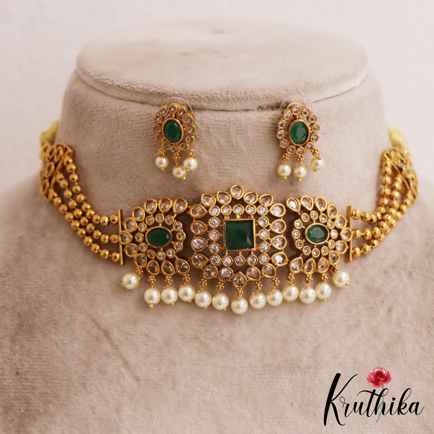 Elegant Floral Motifs AD Chocker With Triple Strand Bead Chains NC2809 (Available In 2 Colors)