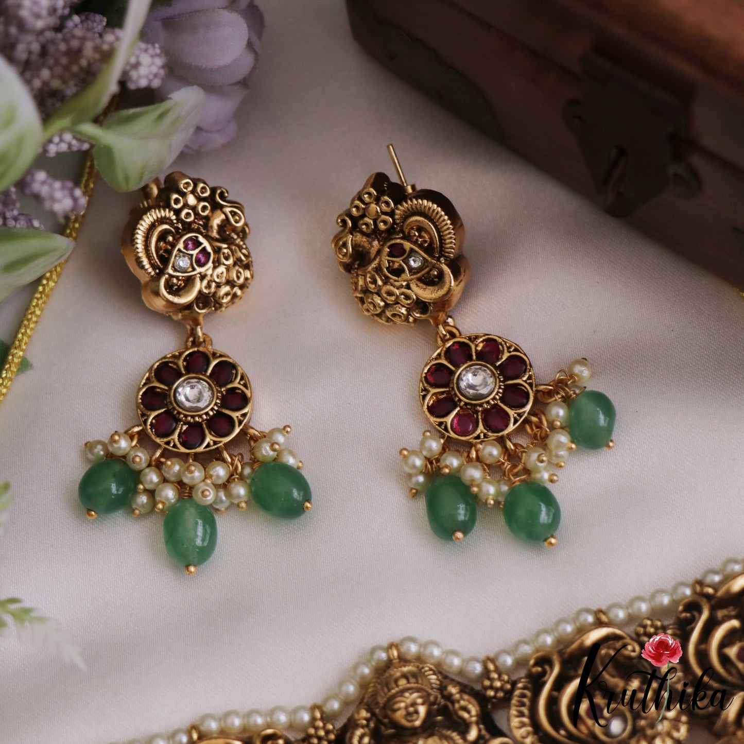 Gorgeous Antique Nagas Lakshmi Peacock Motifs Kemp Choker With Bead Drops NC2709 (Available In 2 Colors)