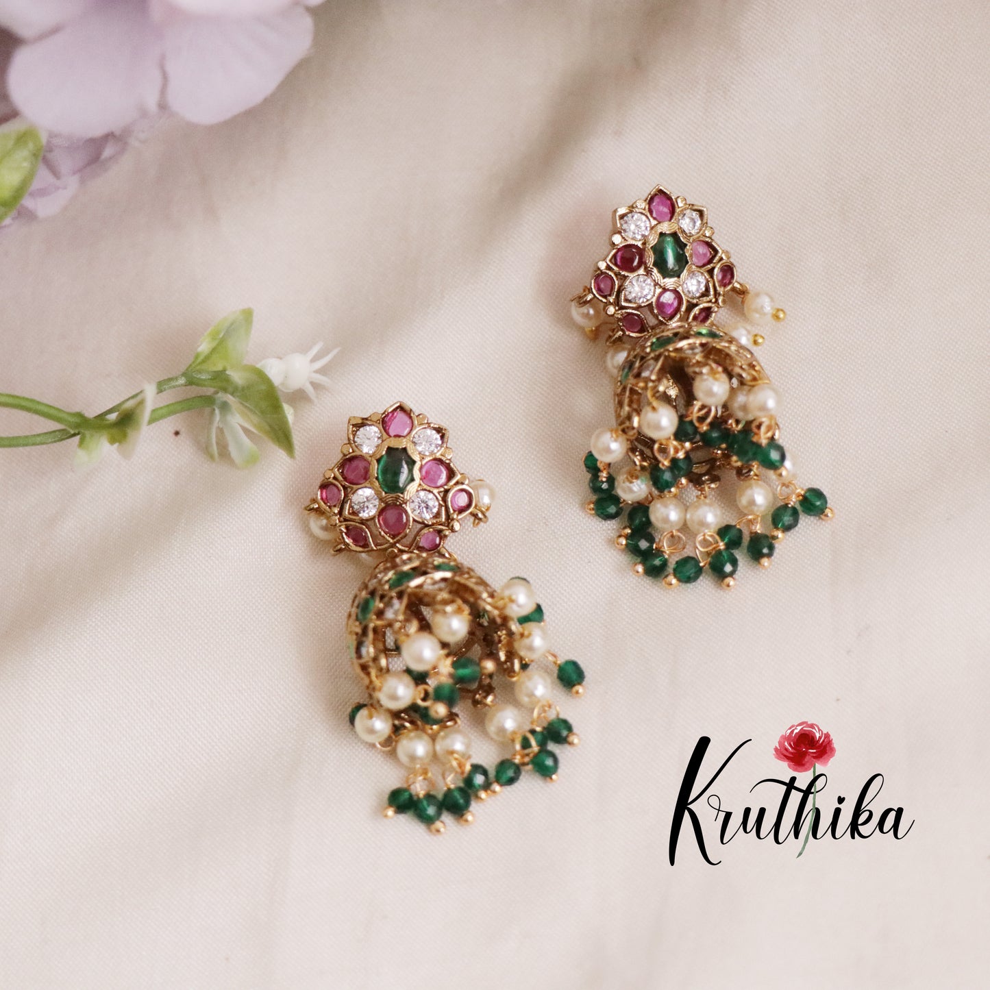 Simple Antique Finish Kemp Floral Jhumkas with Beads Drops E635 (Available in 2 Colors)