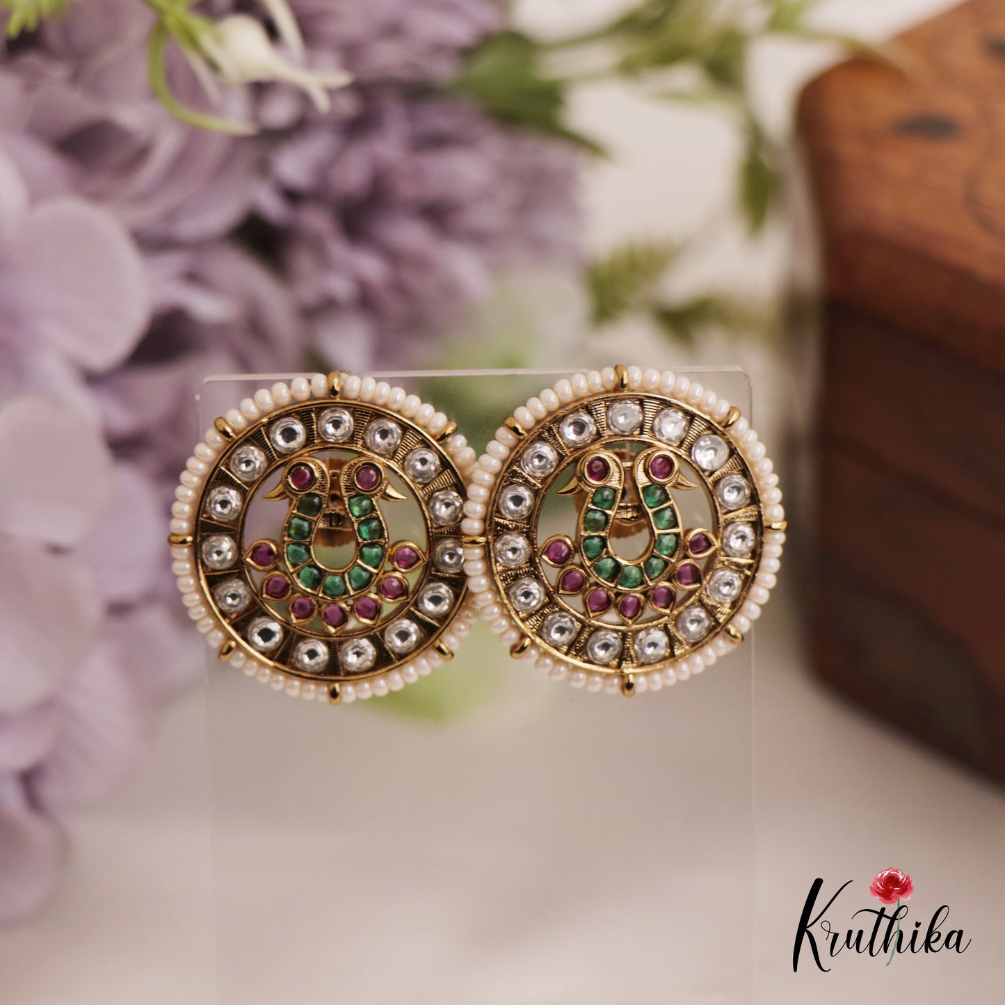 Elegant Pearl Border Peacock Motifs Stud Earrings E955