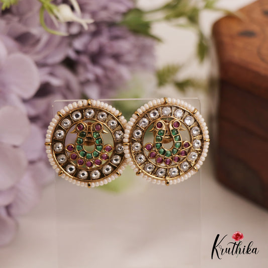 Elegant Pearl Border Peacock Motifs Stud Earrings E955