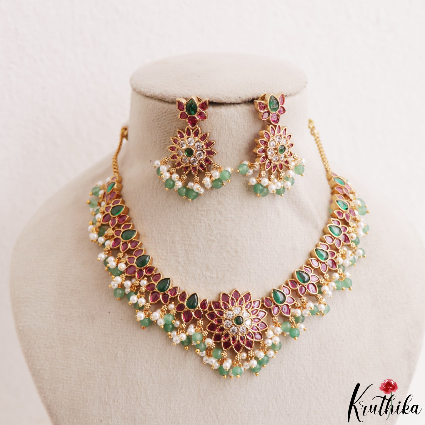 Gorgeous Floral Motifs Jadau Necklace With Green Bead Drops NC3218 (Available In 3 Colors)
