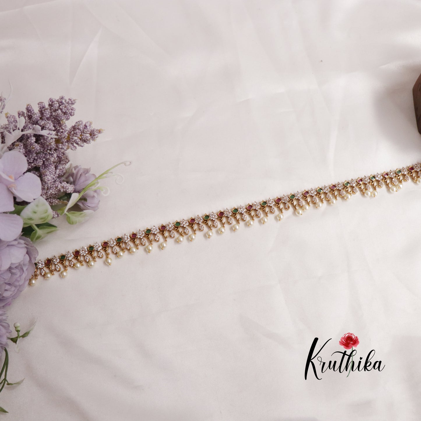 Beautiful Kemp Teardrop Floral Motifs Hip Chain With Pearl Drops V308