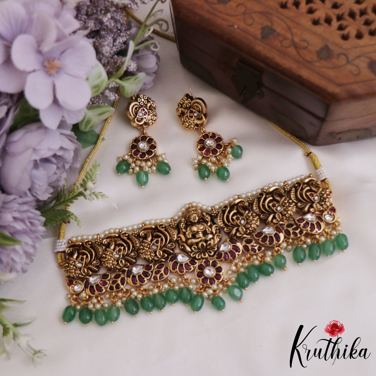 Gorgeous Antique Nagas Lakshmi Peacock Motifs Kemp Choker With Bead Drops NC2709 (Available In 2 Colors)