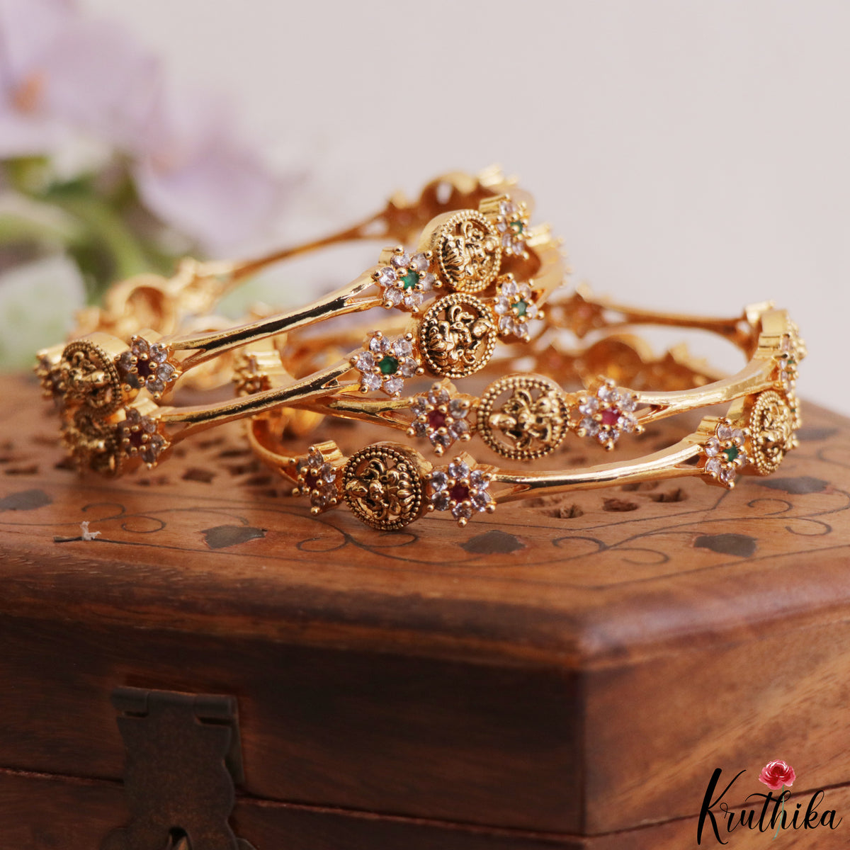 Trendy Antique Floral Lakshmi Motifs Diamond-Finish Gold-Tone CZ Bangles B580