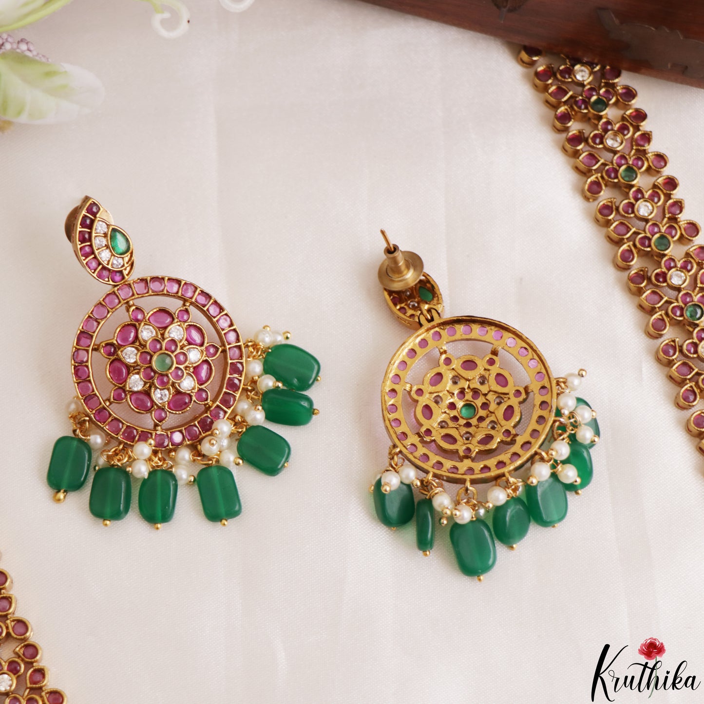 Stunning Peacock Floral Motifs Kemp Haaram With Green Bead Drops LH2189