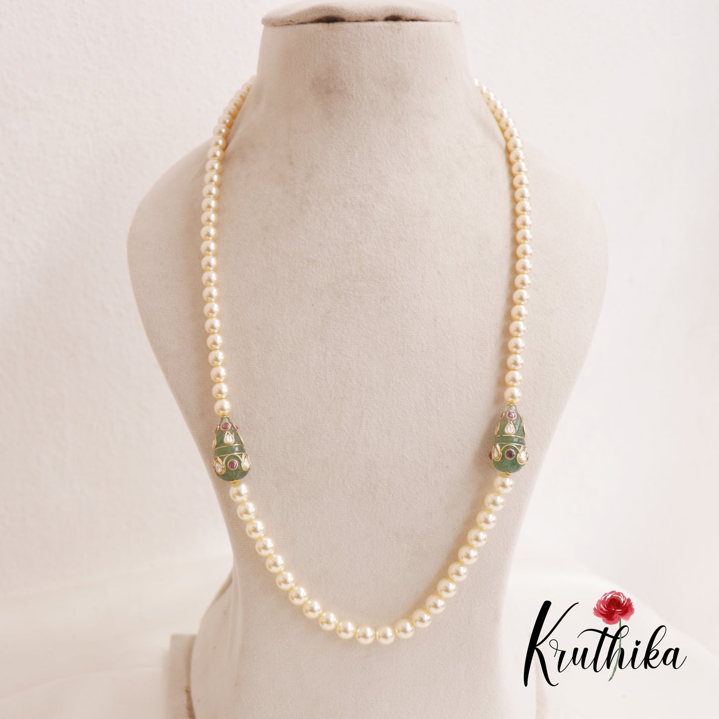 Royal Pearl Mala with Emerald Meenakari Beads