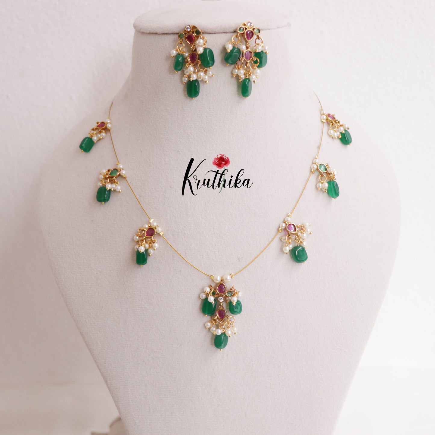 Trendy Kemp Invisible Chain with Green Beads Drops NC2310