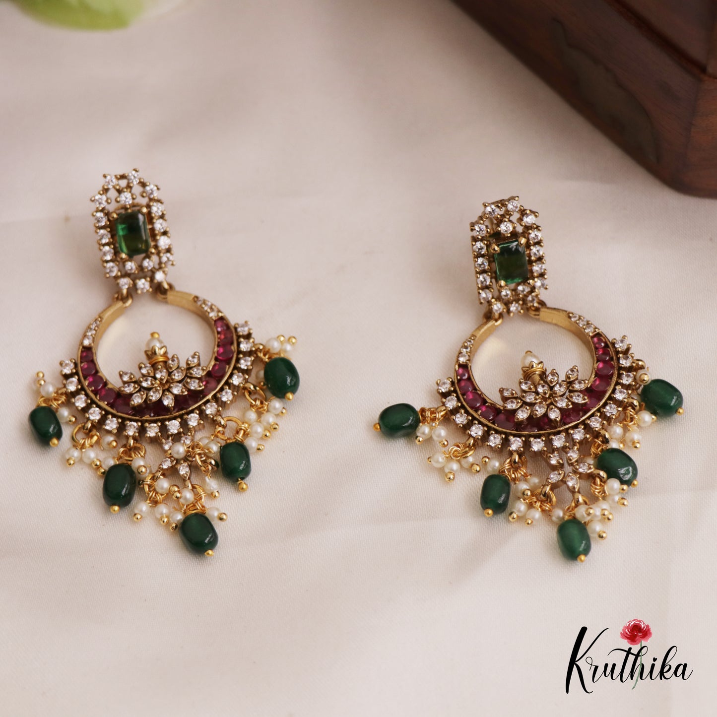 Sparkling Leaf Motifs Chandbali Kemp Earrings With Bead Drops E995 (Available In 2 Colors)