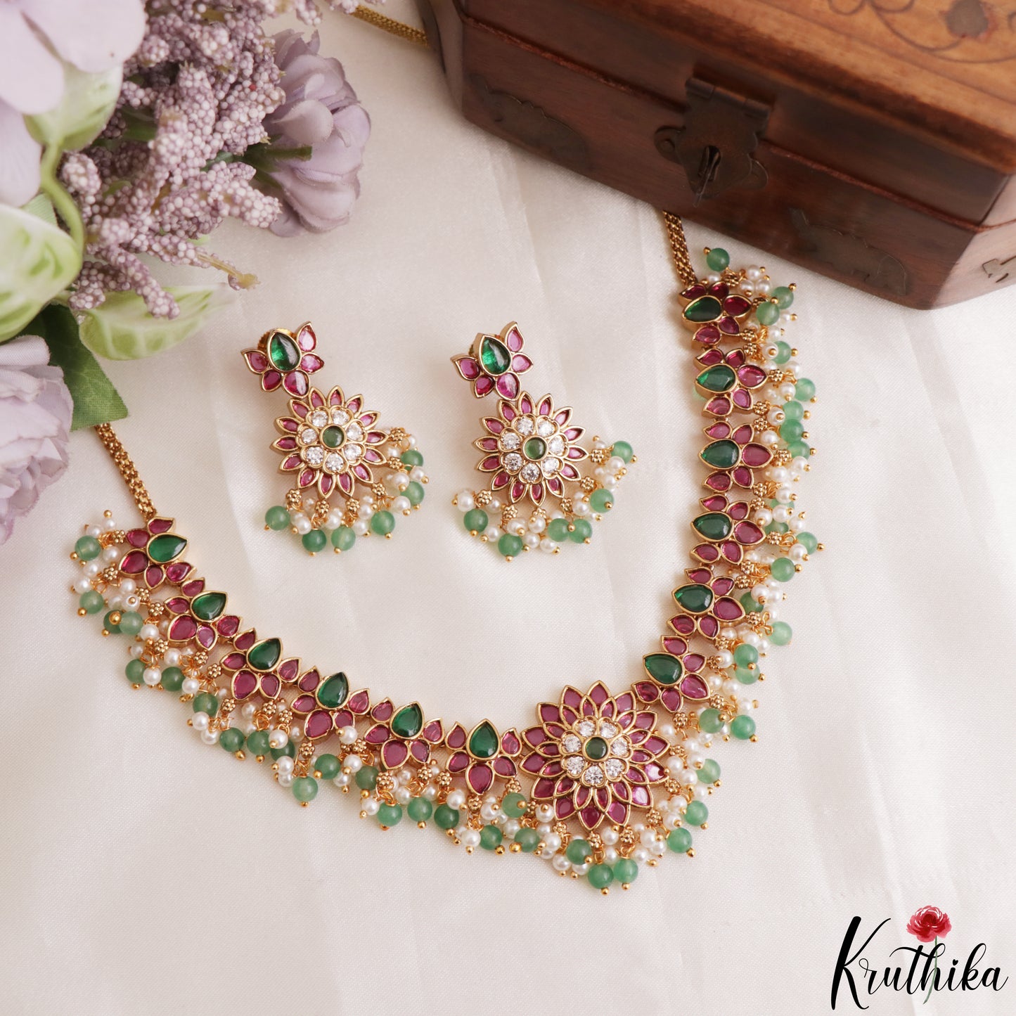 Gorgeous Floral Motifs Jadau Necklace With Green Bead Drops NC3218 (Available In 3 Colors)