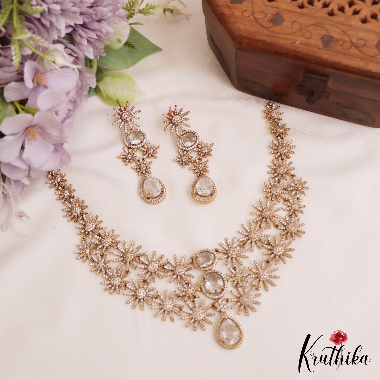 Beautiful Floral Motifs Diamond-Finish Gold-Tone AD Necklace NC2779 (Available In 2 Colors)