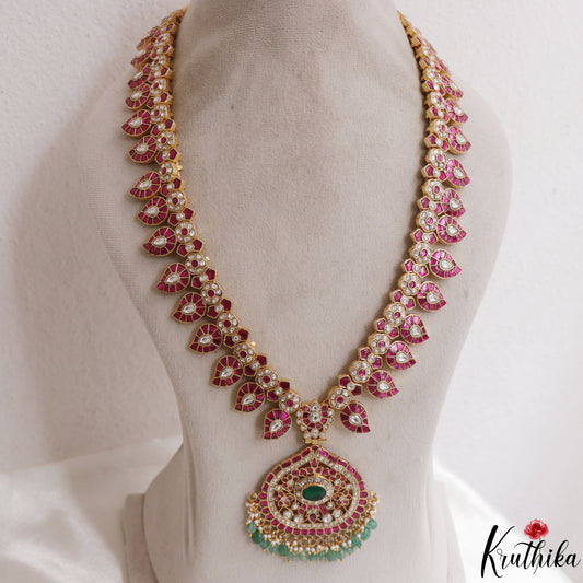 Premium Mango Floral Motifs Jadau Haaram With Green Bead Drops LH2147