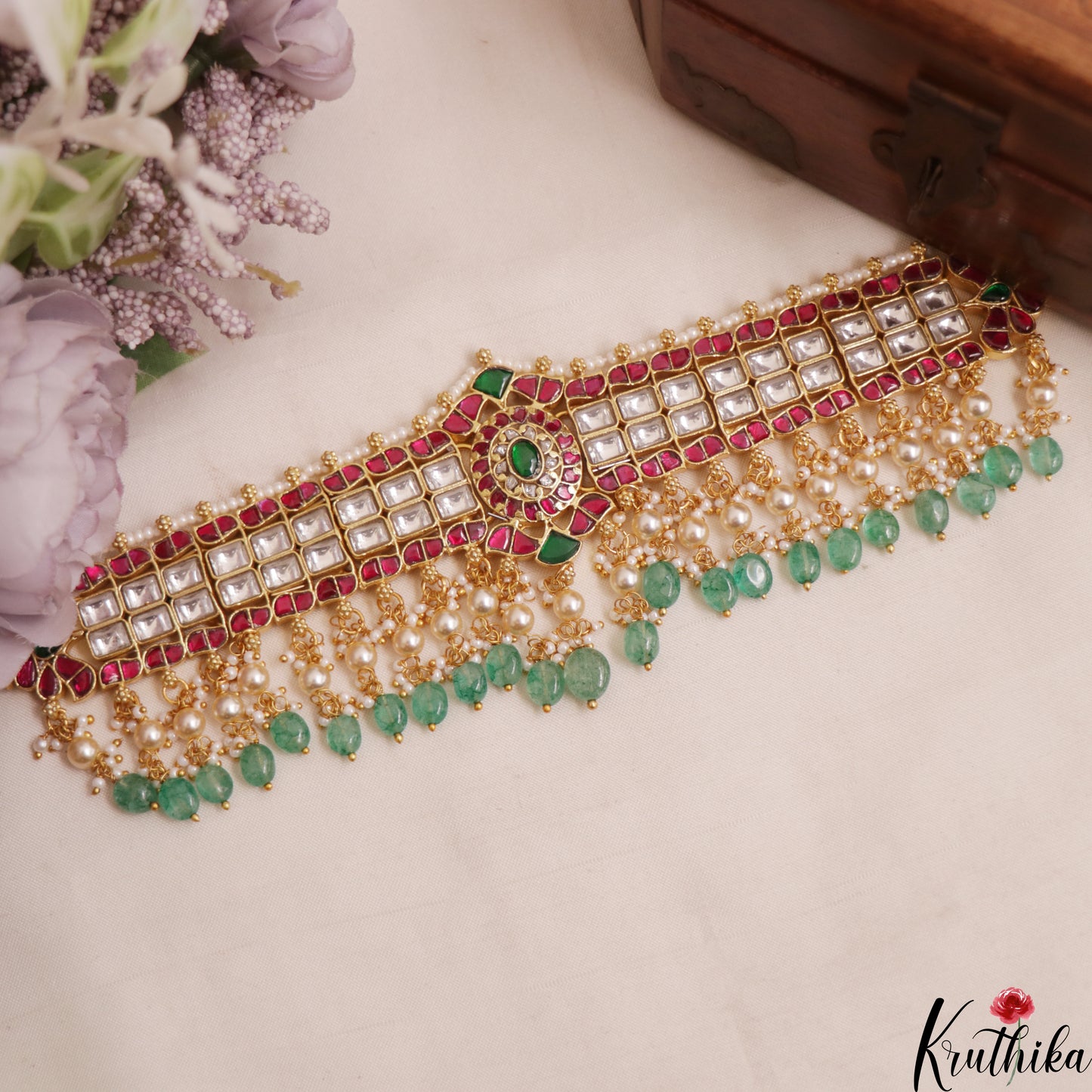 Stunning Floral Geometric Motif Jadau Choker With Pearl Bead Drops NC3009 (Available In 2 Colors)