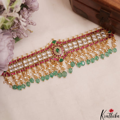 Stunning Floral Geometric Motif Jadau Choker With Pearl Bead Drops NC3009 (Available In 2 Colors)
