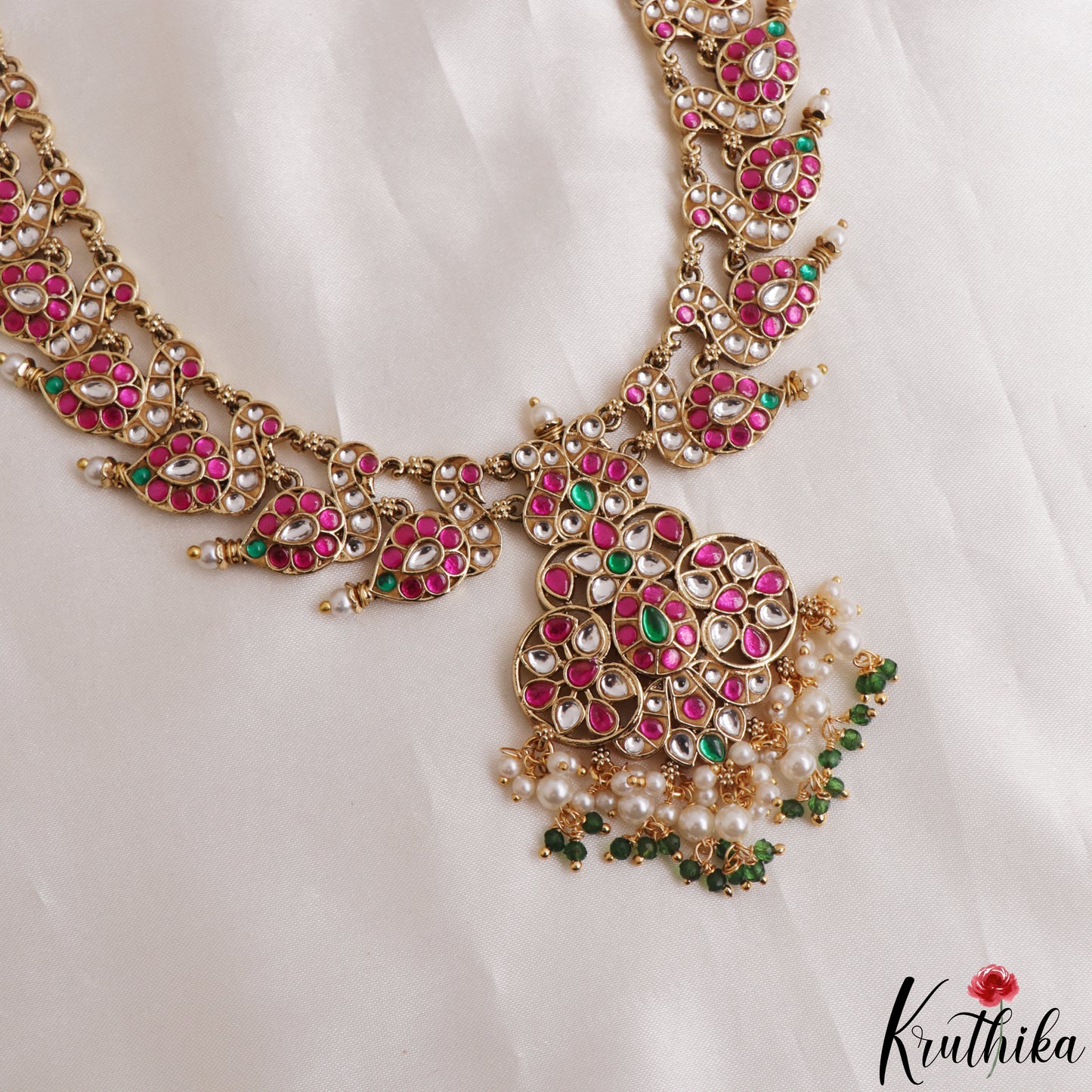 Gorgeous Floral Pecock Motifs Jadau Haaram With Pearl Bead Drops LH2168