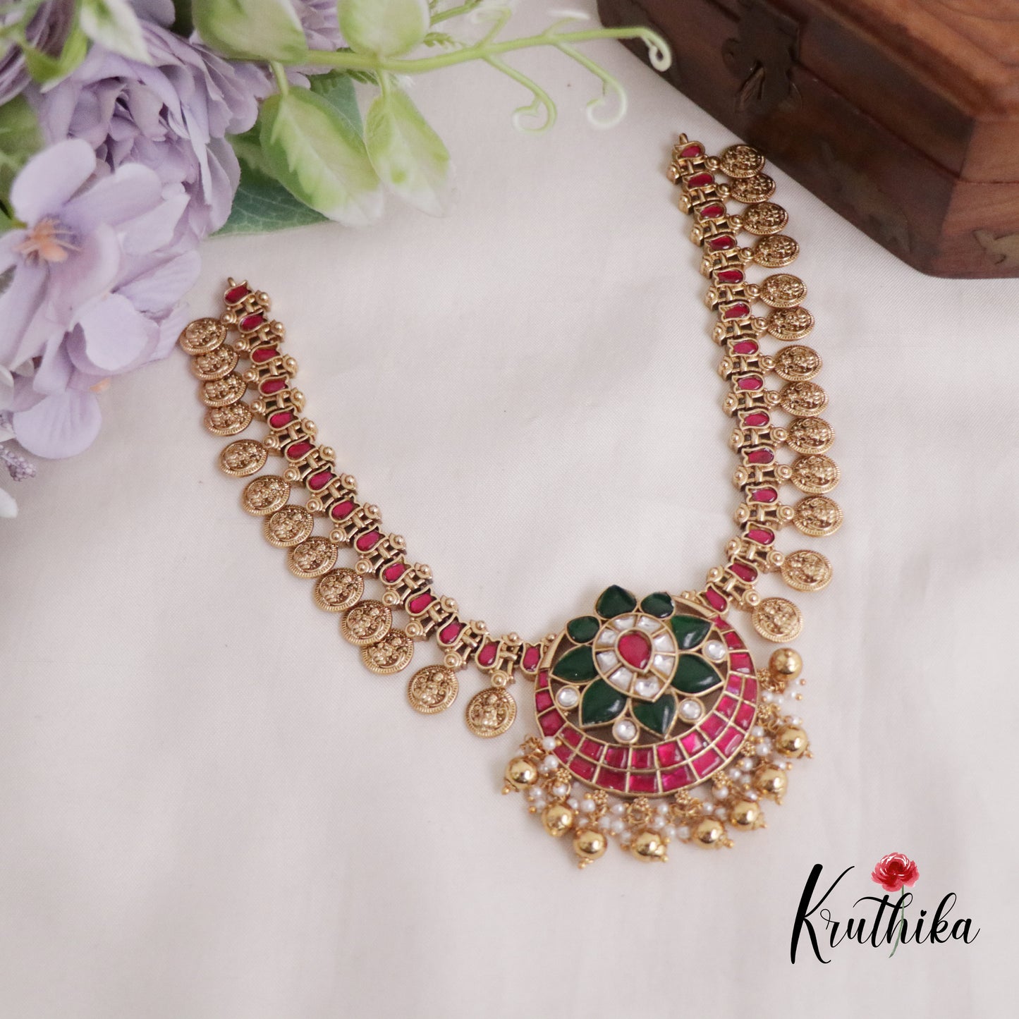 Premium Antique Lotus Jadau Pendant Kasu Necklace with Golden Beads NC2203 (Available in 2 Colours)