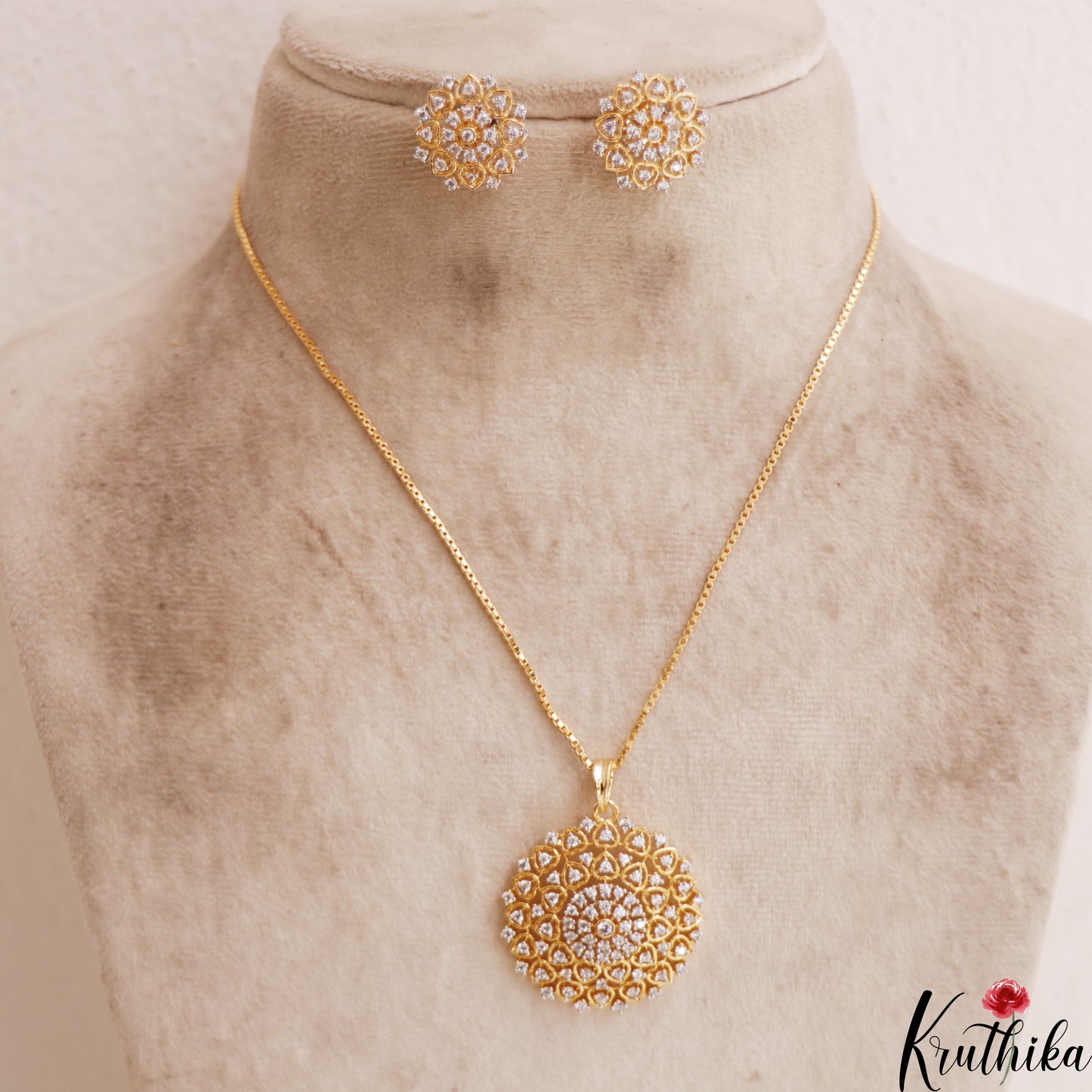 Beautiful AD Floral Motifs Gold-Tone Chain Pendant Set NC2933