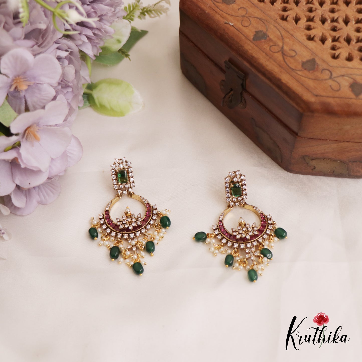 Sparkling Leaf Motifs Chandbali Kemp Earrings With Bead Drops E995 (Available In 2 Colors)