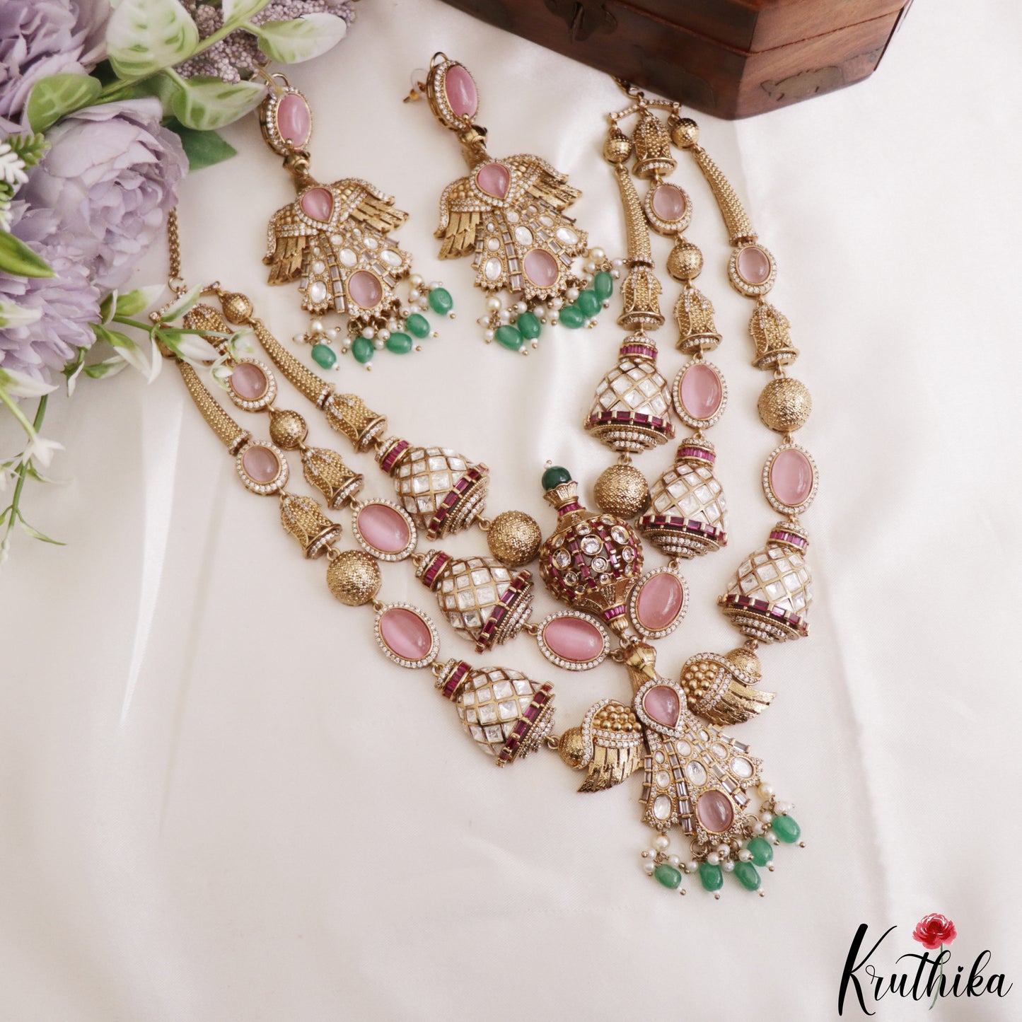 Stunning CZ Victorian Statement Haaram With Green Bead Drops LH2218 (Available In 3 Colors)
