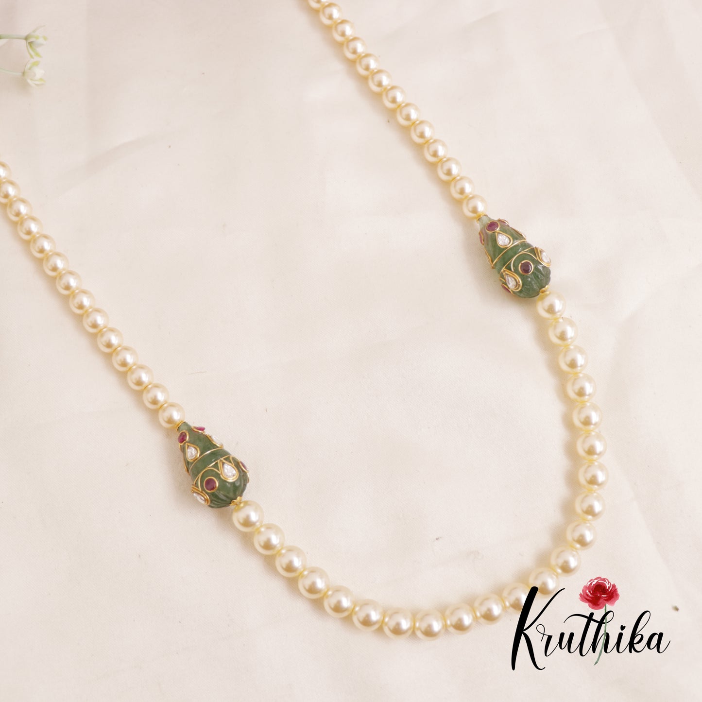 Royal Pearl Mala with Emerald Meenakari Beads