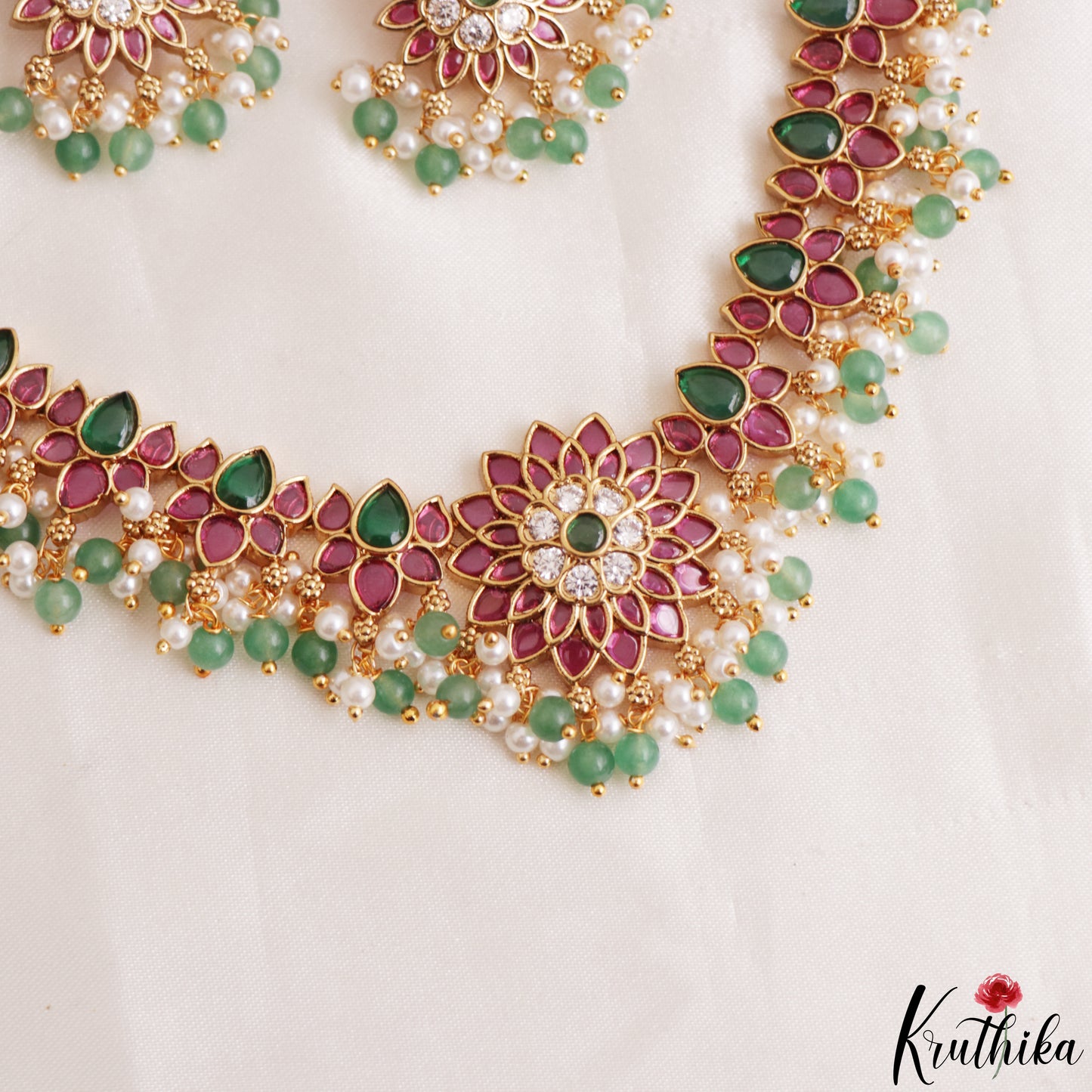 Gorgeous Floral Motifs Jadau Necklace With Green Bead Drops NC3218 (Available In 3 Colors)