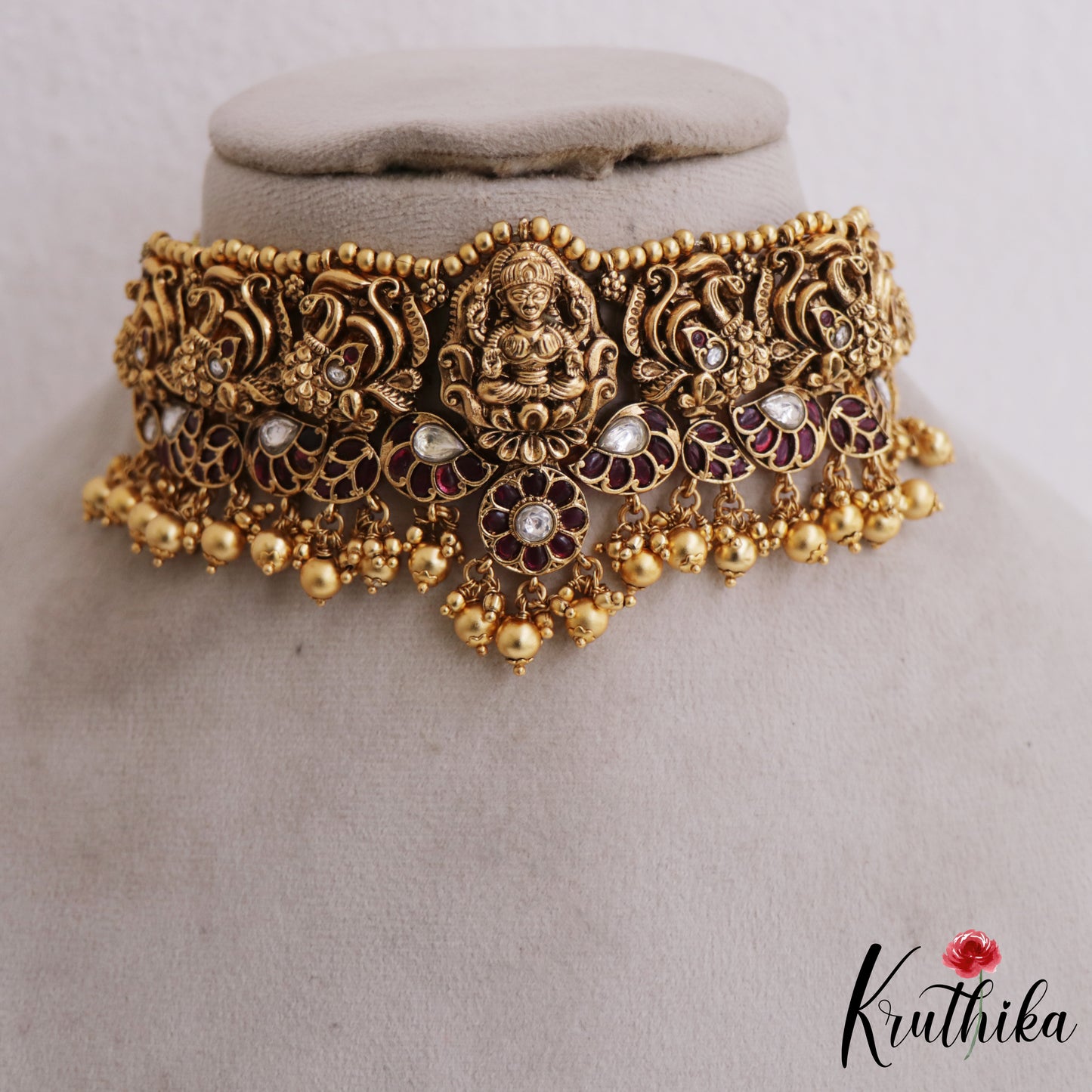 Gorgeous Antique Nagas Lakshmi Peacock Motifs Kemp Choker With Bead Drops NC2709 (Available In 2 Colors)