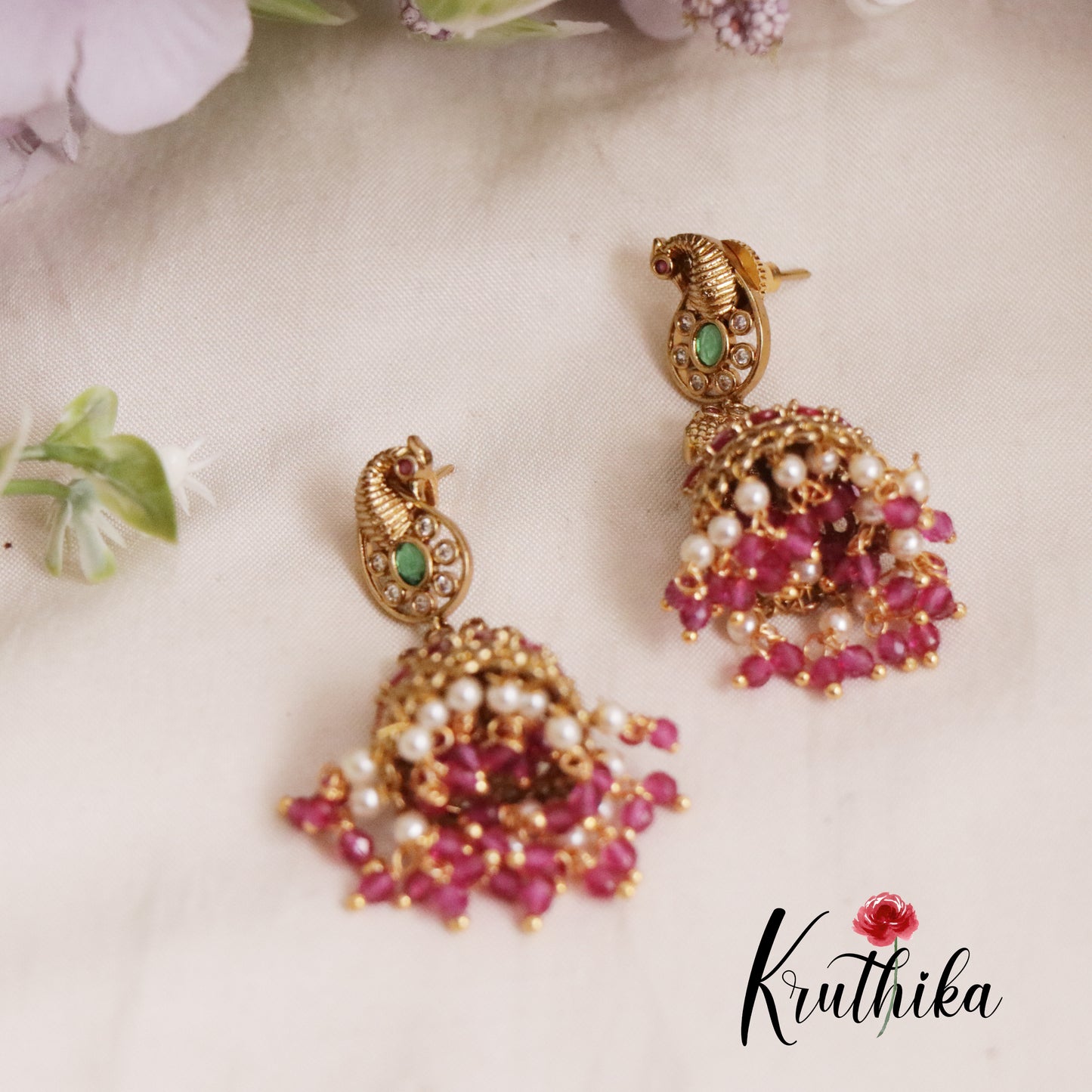 Simple Kemp Peacock Jhumka with Beads Drops E633  (Available in 3 Colors)