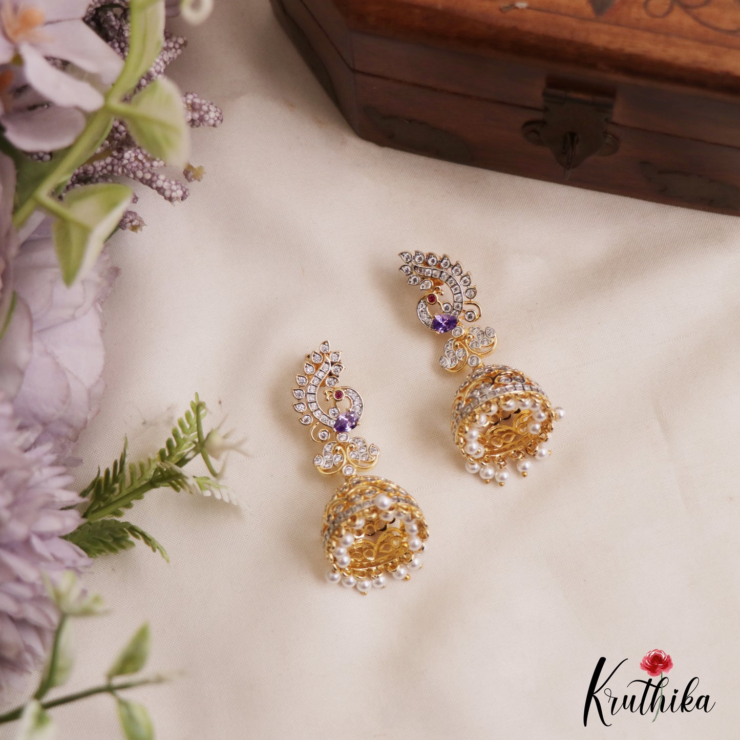 Sparkling Peacock Motifs AD Jhumkas With Pearl Drops E1095 (Available In 3 Colors)